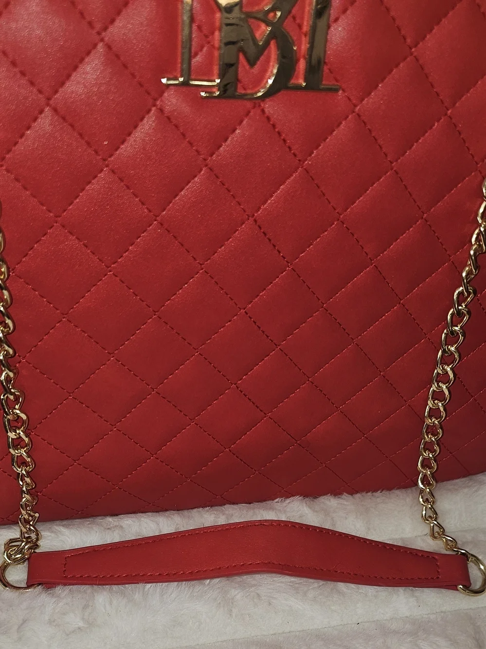 Badgley Mischka Red Quilted Tote with Gold Chain Handles